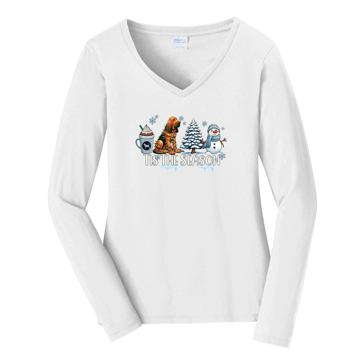 Bloodhound Tis The Season Winter Port & Company® Ladies Long Sleeve Fan Favorite™ V-Neck Tee LPC450VLS - WagALotBowWow