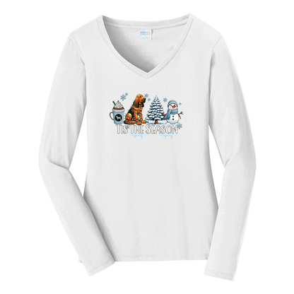 Bloodhound Tis The Season Winter Port & Company® Ladies Long Sleeve Fan Favorite™ V-Neck Tee LPC450VLS - WagALotBowWow