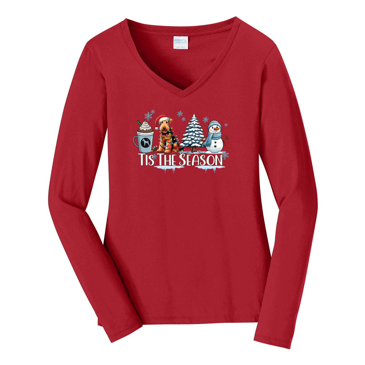 Airedale Terrier Tis The Season Winter Port & Company® Ladies Long Sleeve Fan Favorite™ V-Neck Tee LPC450VLS - WagALotBowWow