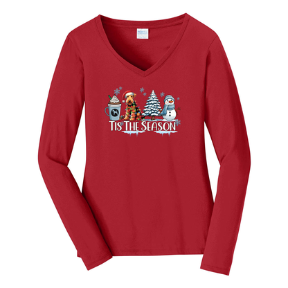 Airedale Terrier Tis The Season Winter Port & Company® Ladies Long Sleeve Fan Favorite™ V-Neck Tee LPC450VLS - WagALotBowWow