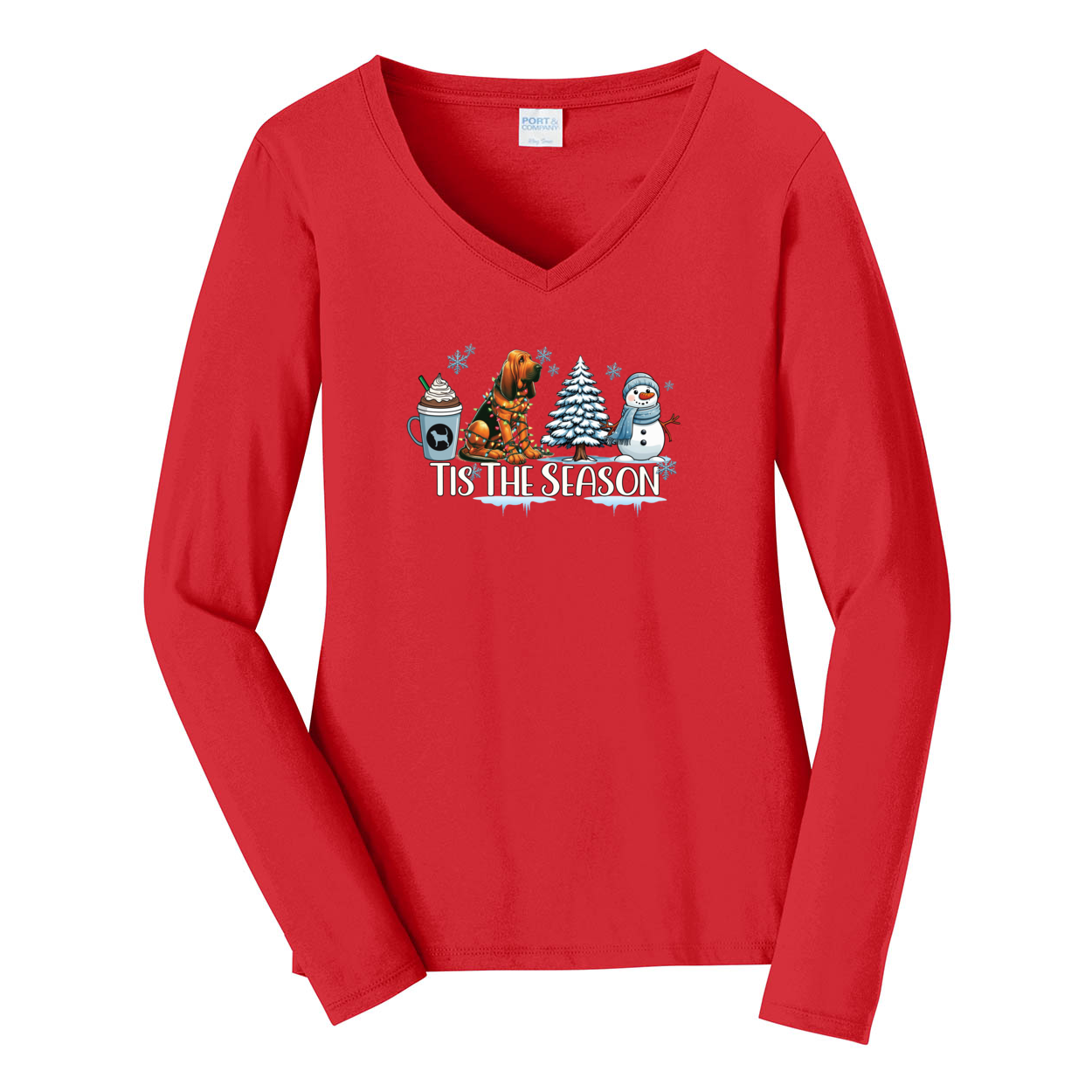 Bloodhound Tis The Season Winter Port & Company® Ladies Long Sleeve Fan Favorite™ V-Neck Tee LPC450VLS - WagALotBowWow