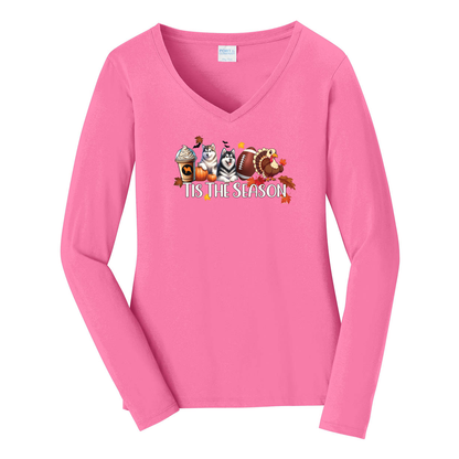 Alaskan Malamute Tis The Season Fall Port & Company® Ladies Long Sleeve Fan Favorite™ V-Neck Tee LPC450VLS - WagALotBowWow