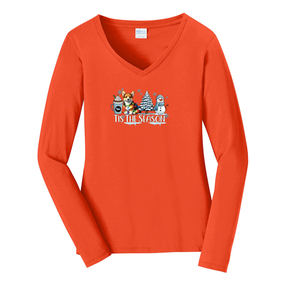 Pembroke Welsh Corgi Tis The Season Winter Port & Company® Ladies Long Sleeve Fan Favorite™ V-Neck Tee LPC450VLS - WagALotBowWow