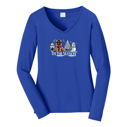Leonberger Tis The Season Winter Port & Company® Ladies Long Sleeve Fan Favorite™ V-Neck Tee LPC450VLS - WagALotBowWow