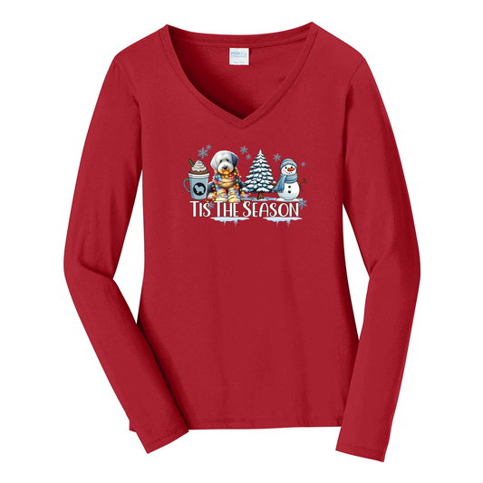 OES Tis The Season Winter Port & Company® Ladies Long Sleeve Fan Favorite™ V-Neck Tee LPC450VLS - WagALotBowWow
