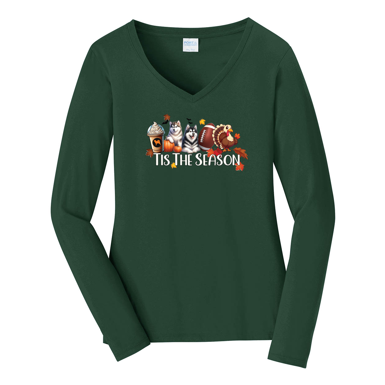 Alaskan Malamute Tis The Season Fall Port & Company® Ladies Long Sleeve Fan Favorite™ V-Neck Tee LPC450VLS - WagALotBowWow