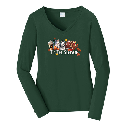 Alaskan Malamute Tis The Season Fall Port & Company® Ladies Long Sleeve Fan Favorite™ V-Neck Tee LPC450VLS - WagALotBowWow