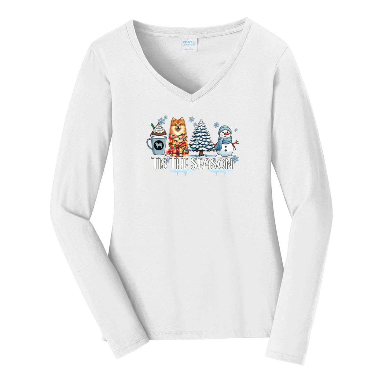 Finnish Spitz Tis The Season Winter Port & Company® Ladies Long Sleeve Fan Favorite™ V-Neck Tee LPC450VLS - WagALotBowWow
