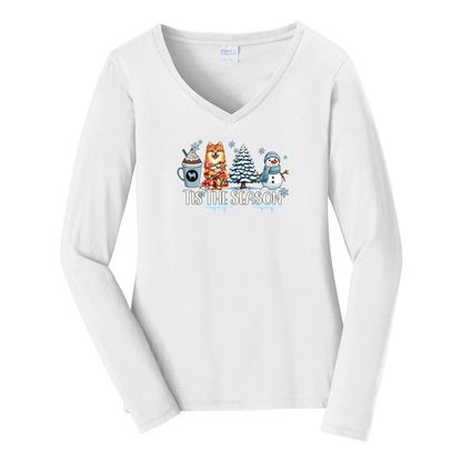 Finnish Spitz Tis The Season Winter Port & Company® Ladies Long Sleeve Fan Favorite™ V-Neck Tee LPC450VLS - WagALotBowWow