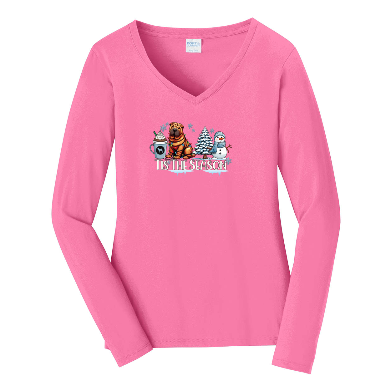 Chinese Shar-Pei Tis The Season Winter Port & Company® Ladies Long Sleeve Fan Favorite™ V-Neck Tee LPC450VLS - WagALotBowWow
