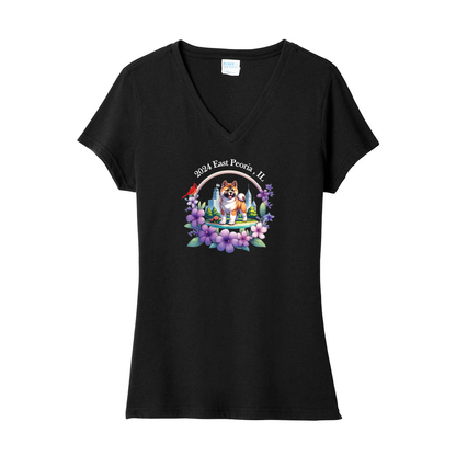 IL Akita Ladies V-Neck Front Only - WagALotBowWow