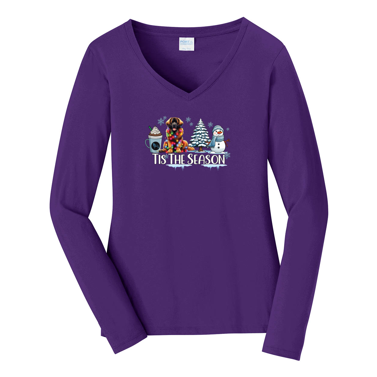 Leonberger Tis The Season Winter Port & Company® Ladies Long Sleeve Fan Favorite™ V-Neck Tee LPC450VLS - WagALotBowWow