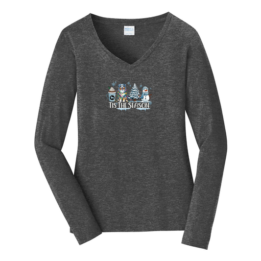 Blue Merle Australian Shepherd Tis The Season Winter V-Neck Long Sleeve - WagALotBowWow