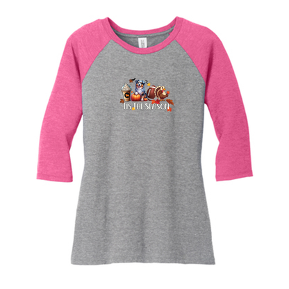 Blue Merle Australian Shepherd Tis The Season Fall 3/4-Sleeve Raglan - WagALotBowWow