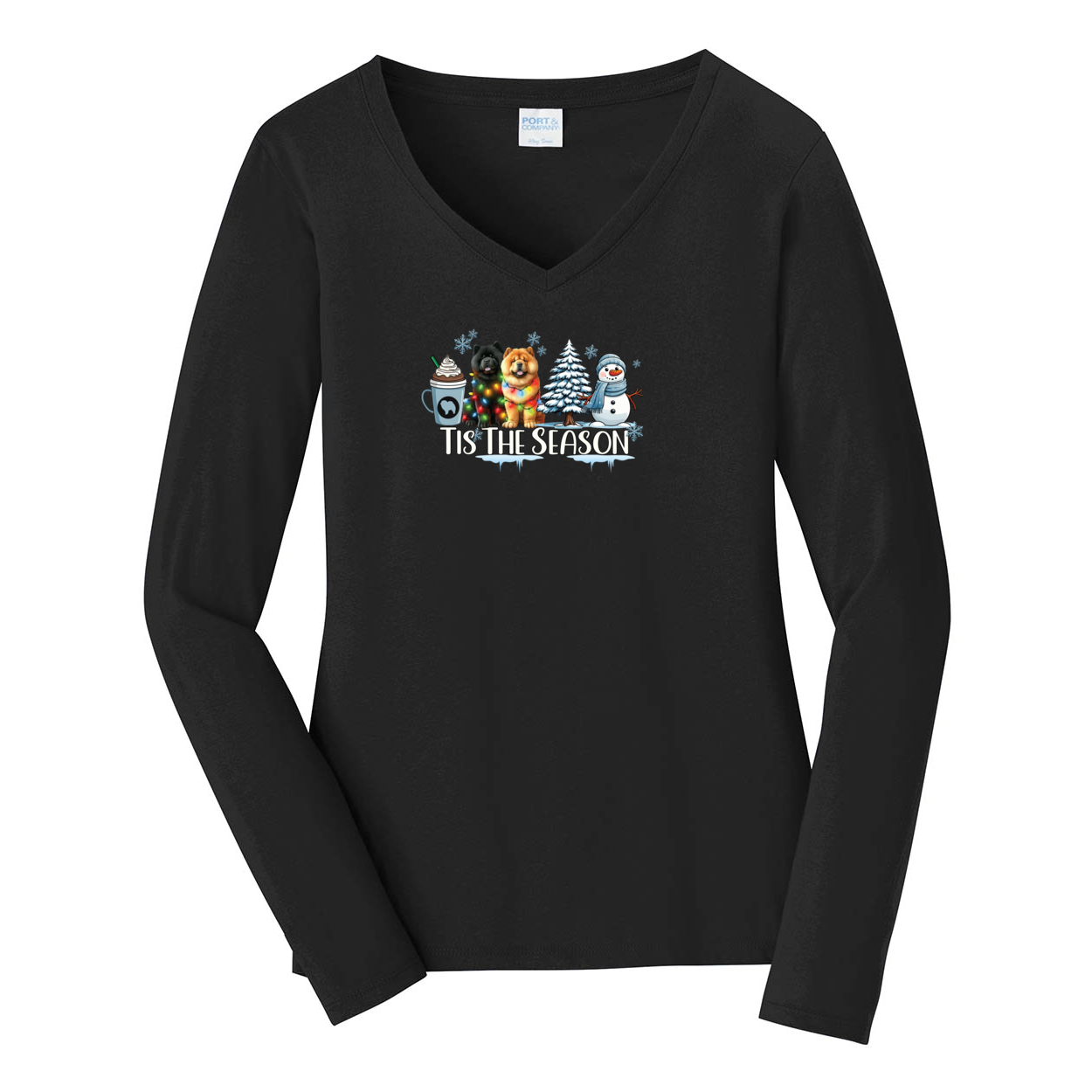 Chow Chow Tis The Season Winter Port & Company® Ladies Long Sleeve Fan Favorite™ V-Neck Tee LPC450VLS - WagALotBowWow