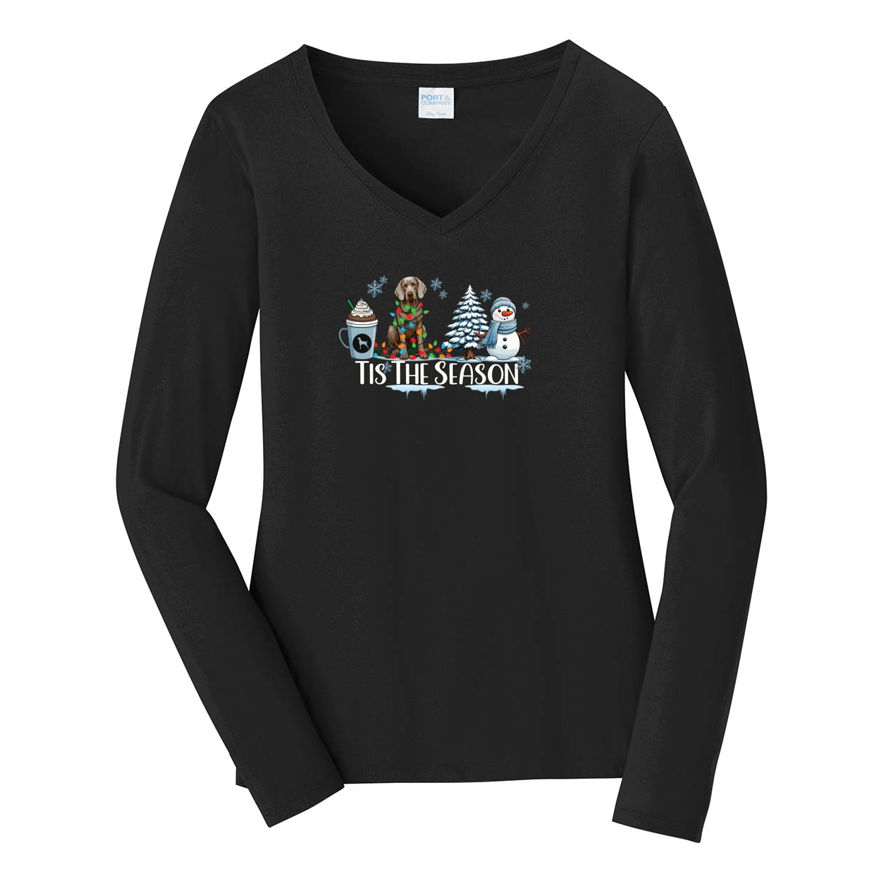 Weimaraner Tis The Season Winter Port & Company® Ladies Long Sleeve Fan Favorite™ V-Neck Tee LPC450VLS - WagALotBowWow