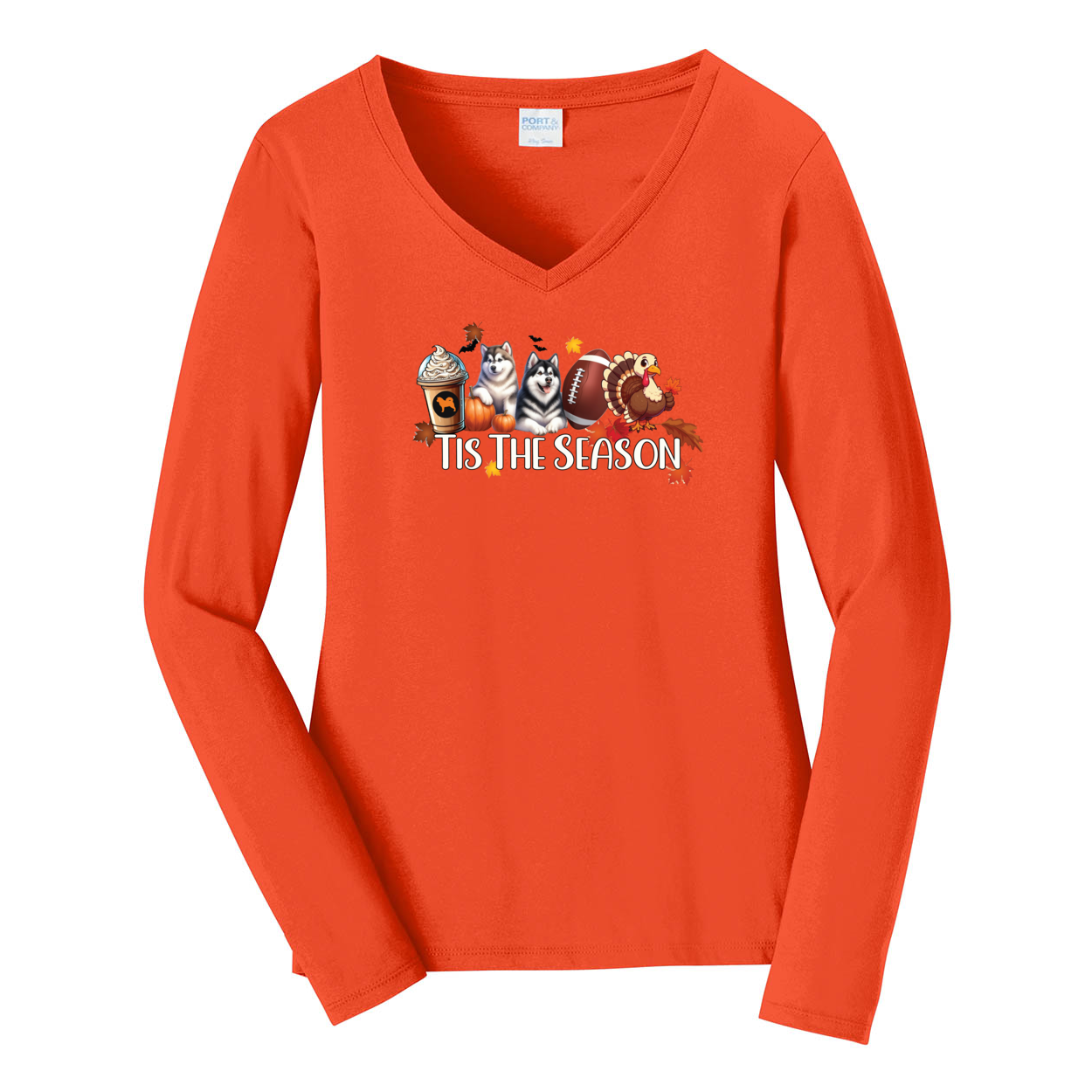 Alaskan Malamute Tis The Season Fall Port & Company® Ladies Long Sleeve Fan Favorite™ V-Neck Tee LPC450VLS - WagALotBowWow