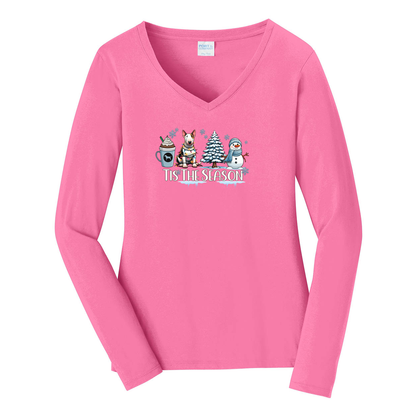 Bull Terrier Tis The Season Winter Port & Company® Ladies Long Sleeve Fan Favorite™ V-Neck Tee LPC450VLS - WagALotBowWow