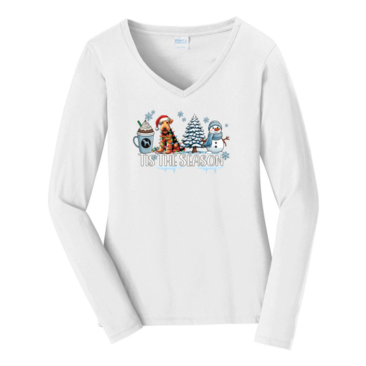 Airedale Terrier Tis The Season Winter Port & Company® Ladies Long Sleeve Fan Favorite™ V-Neck Tee LPC450VLS - WagALotBowWow