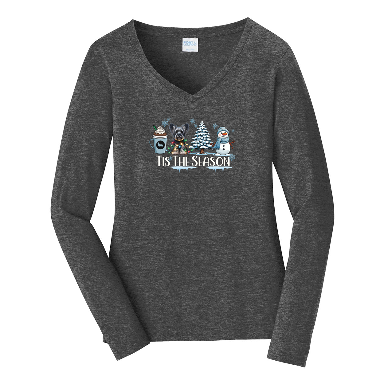 Skye Terrier Tis The Season Winter Port & Company® Ladies Long Sleeve Fan Favorite™ V-Neck Tee LPC450VLS - WagALotBowWow