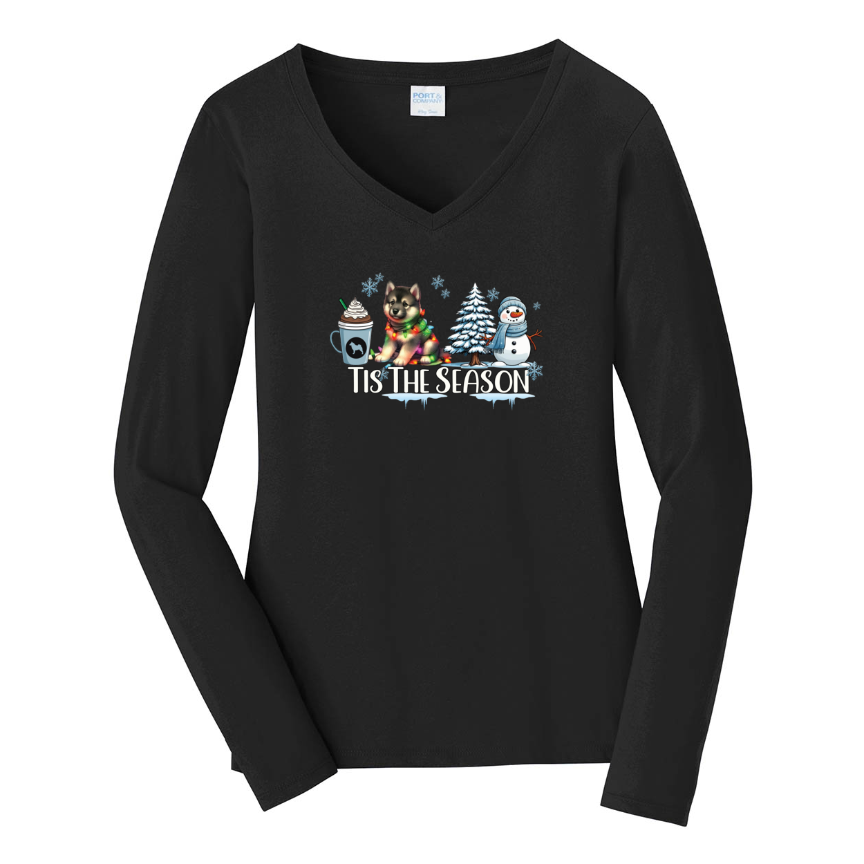 Norwegian Elkhound Tis The Season Winter Port & Company® Ladies Long Sleeve Fan Favorite™ V-Neck Tee LPC450VLS - WagALotBowWow