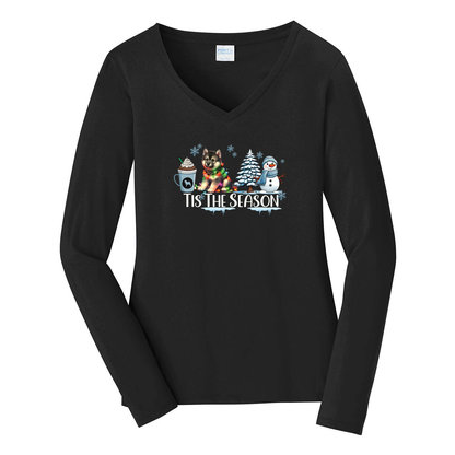 Norwegian Elkhound Tis The Season Winter Port & Company® Ladies Long Sleeve Fan Favorite™ V-Neck Tee LPC450VLS - WagALotBowWow