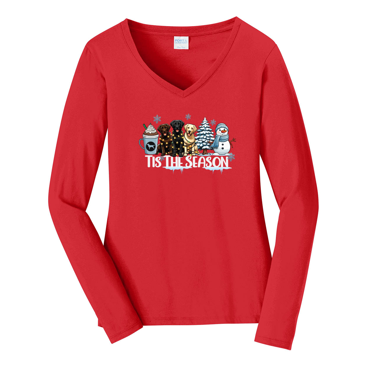 Labrador Tis The Season Winter Port & Company® Ladies Long Sleeve Fan Favorite™ V-Neck Tee LPC450VLS - WagALotBowWow