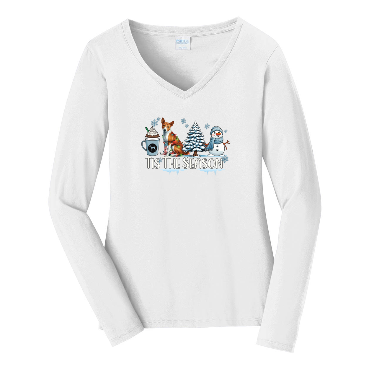 Basenji Tis The Season Winter Port & Company® Ladies Long Sleeve Fan Favorite™ V-Neck Tee LPC450VLS - WagALotBowWow
