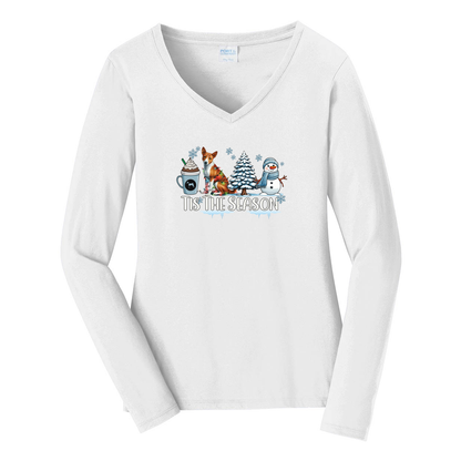 Basenji Tis The Season Winter Port & Company® Ladies Long Sleeve Fan Favorite™ V-Neck Tee LPC450VLS - WagALotBowWow