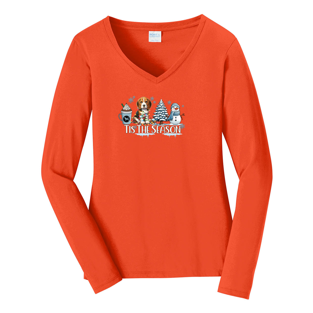 Beagle Tis The Season Winter Port & Company® Ladies Long Sleeve Fan Favorite™ V-Neck Tee LPC450VLS - WagALotBowWow