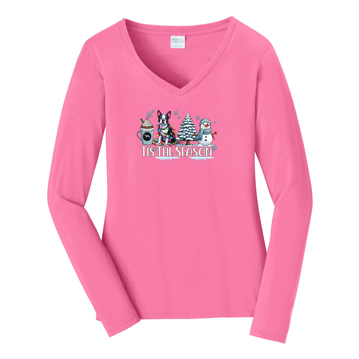 Boston Terrier Tis The Season Winter Port & Company® Ladies Long Sleeve Fan Favorite™ V-Neck Tee LPC450VLS - WagALotBowWow