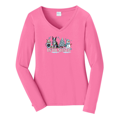 Boston Terrier Tis The Season Winter Port & Company® Ladies Long Sleeve Fan Favorite™ V-Neck Tee LPC450VLS - WagALotBowWow