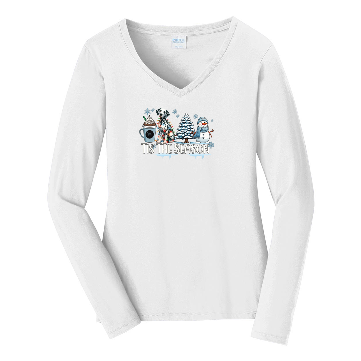Dalmatian Tis The Season Winter Port & Company® Ladies Long Sleeve Fan Favorite™ V-Neck Tee LPC450VLS - WagALotBowWow