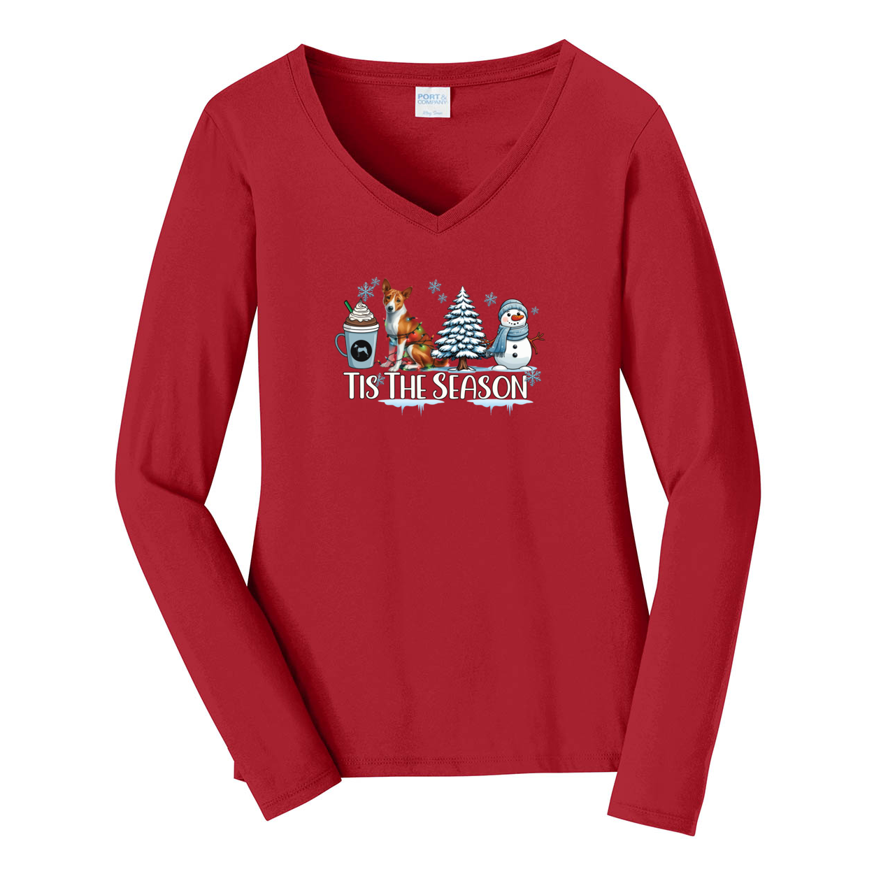 Basenji Tis The Season Winter Port & Company® Ladies Long Sleeve Fan Favorite™ V-Neck Tee LPC450VLS - WagALotBowWow