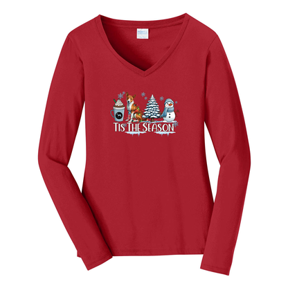 Basenji Tis The Season Winter Port & Company® Ladies Long Sleeve Fan Favorite™ V-Neck Tee LPC450VLS - WagALotBowWow