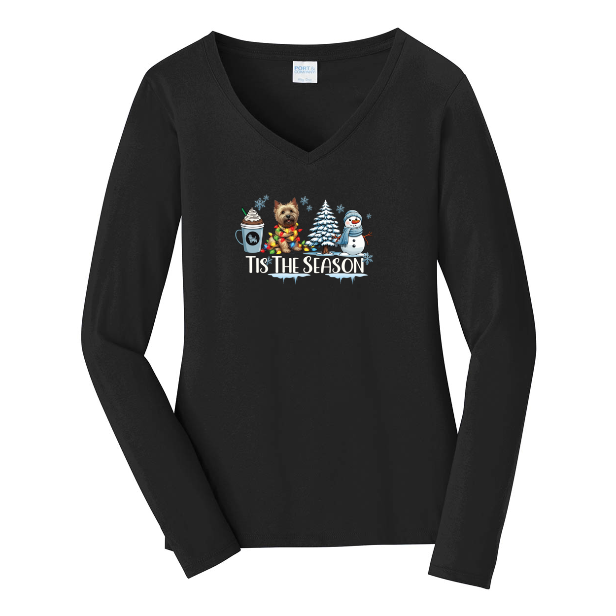 Cairn Terrier Tis The Season Winter Port & Company® Ladies Long Sleeve Fan Favorite™ V-Neck Tee LPC450VLS - WagALotBowWow