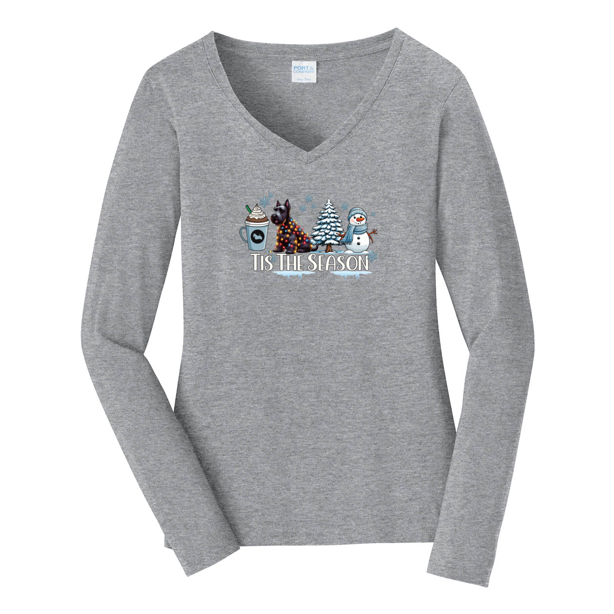 Scottish Terrier Tis The Season Winter Port & Company® Ladies Long Sleeve Fan Favorite™ V-Neck Tee LPC450VLS - WagALotBowWow