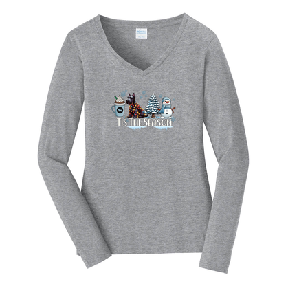 Scottish Terrier Tis The Season Winter Port & Company® Ladies Long Sleeve Fan Favorite™ V-Neck Tee LPC450VLS - WagALotBowWow