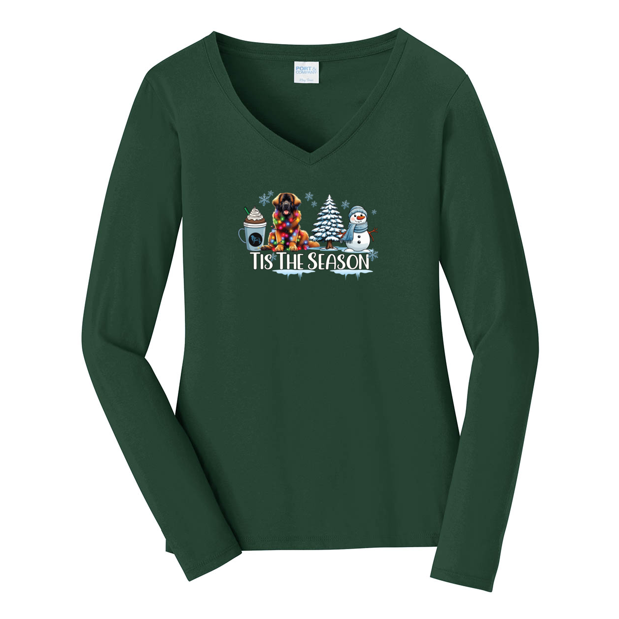 Leonberger Tis The Season Winter Port & Company® Ladies Long Sleeve Fan Favorite™ V-Neck Tee LPC450VLS - WagALotBowWow