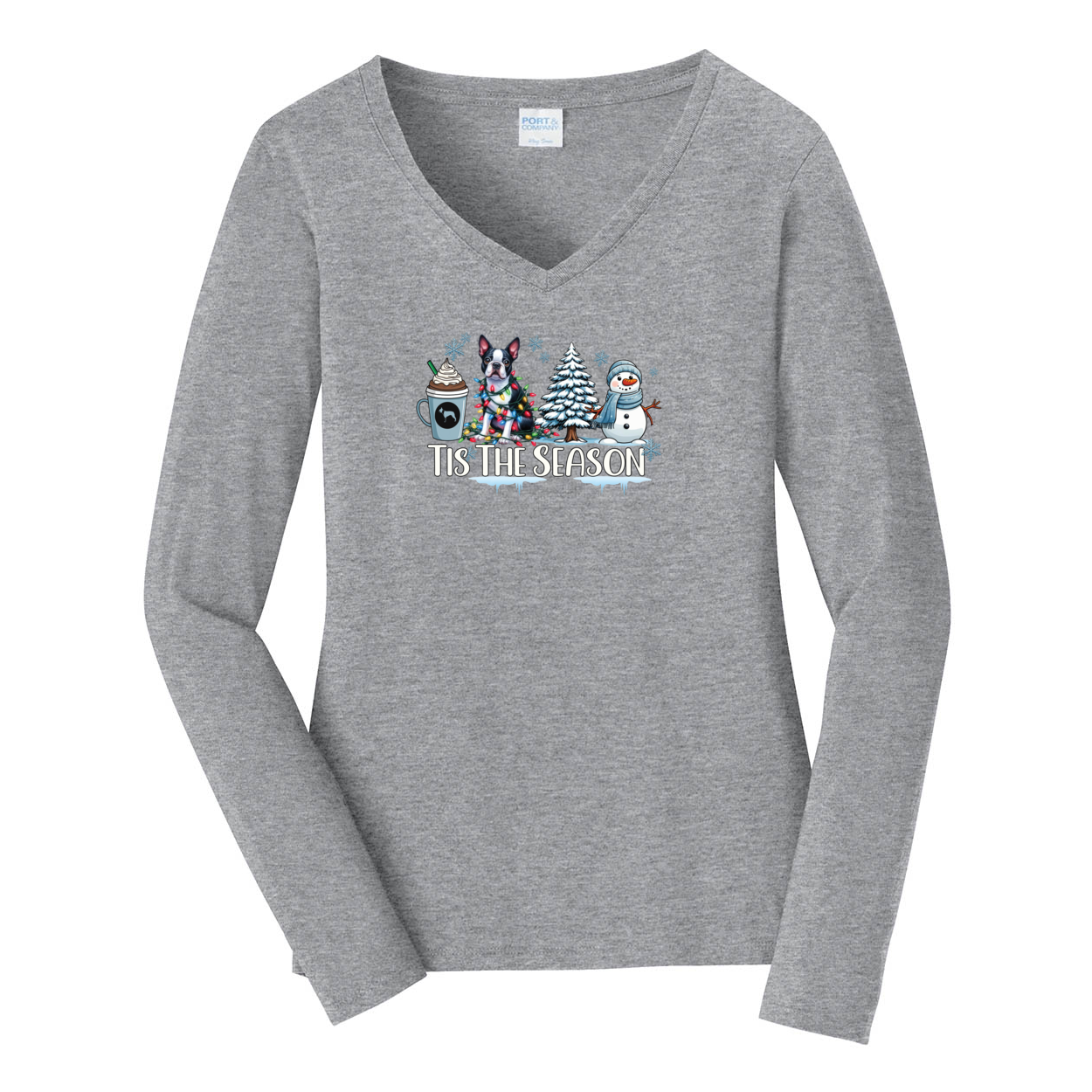 Boston Terrier Tis The Season Winter Port & Company® Ladies Long Sleeve Fan Favorite™ V-Neck Tee LPC450VLS - WagALotBowWow