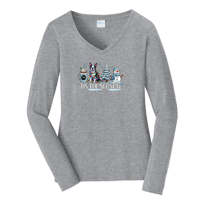 Boston Terrier Tis The Season Winter Port & Company® Ladies Long Sleeve Fan Favorite™ V-Neck Tee LPC450VLS - WagALotBowWow