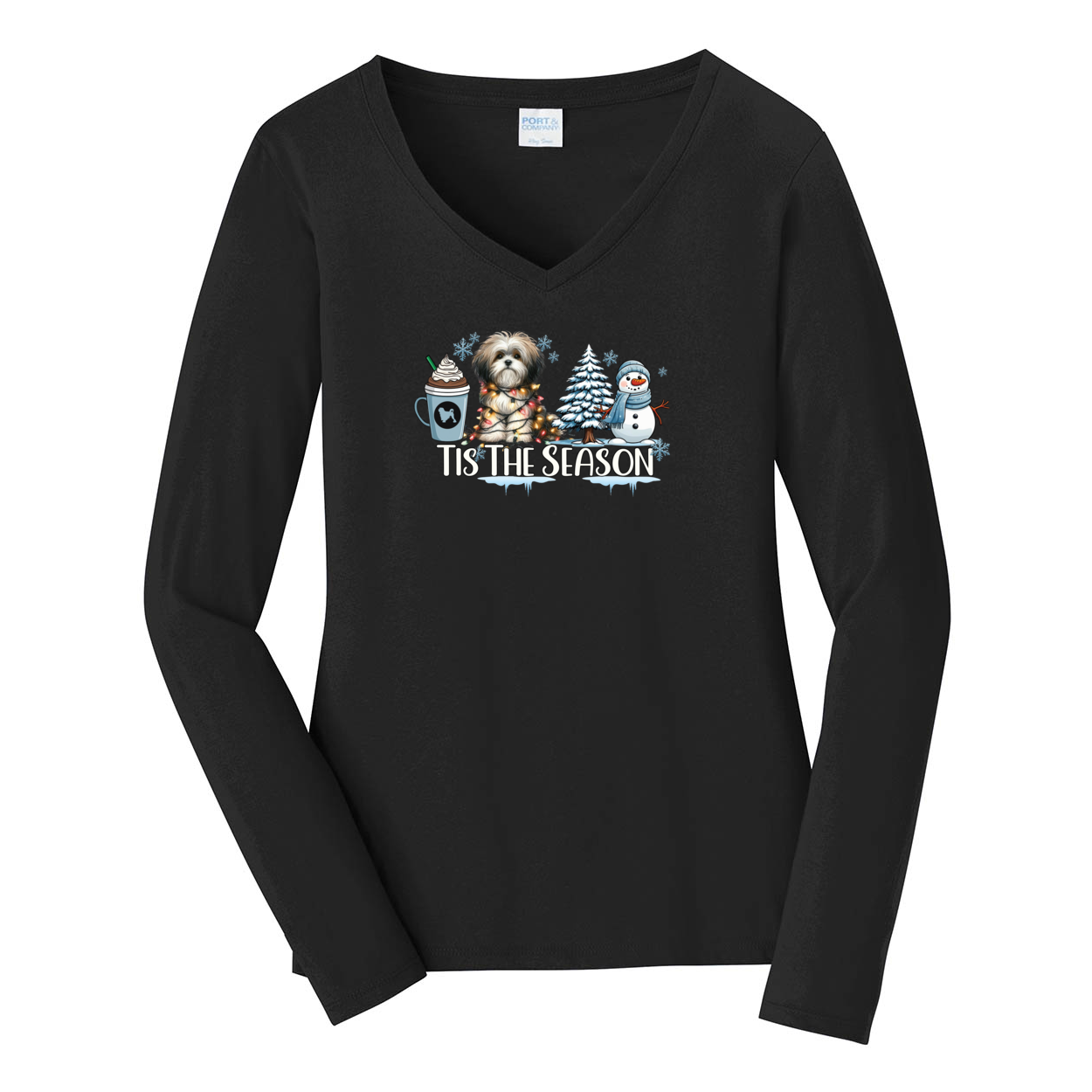 Lowchen Tis The Season Winter Port & Company® Ladies Long Sleeve Fan Favorite™ V-Neck Tee LPC450VLS - WagALotBowWow