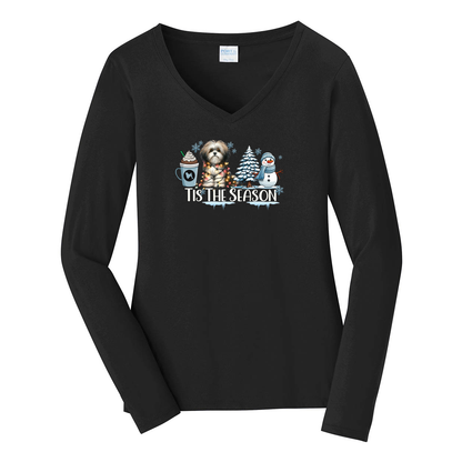 Lowchen Tis The Season Winter Port & Company® Ladies Long Sleeve Fan Favorite™ V-Neck Tee LPC450VLS - WagALotBowWow