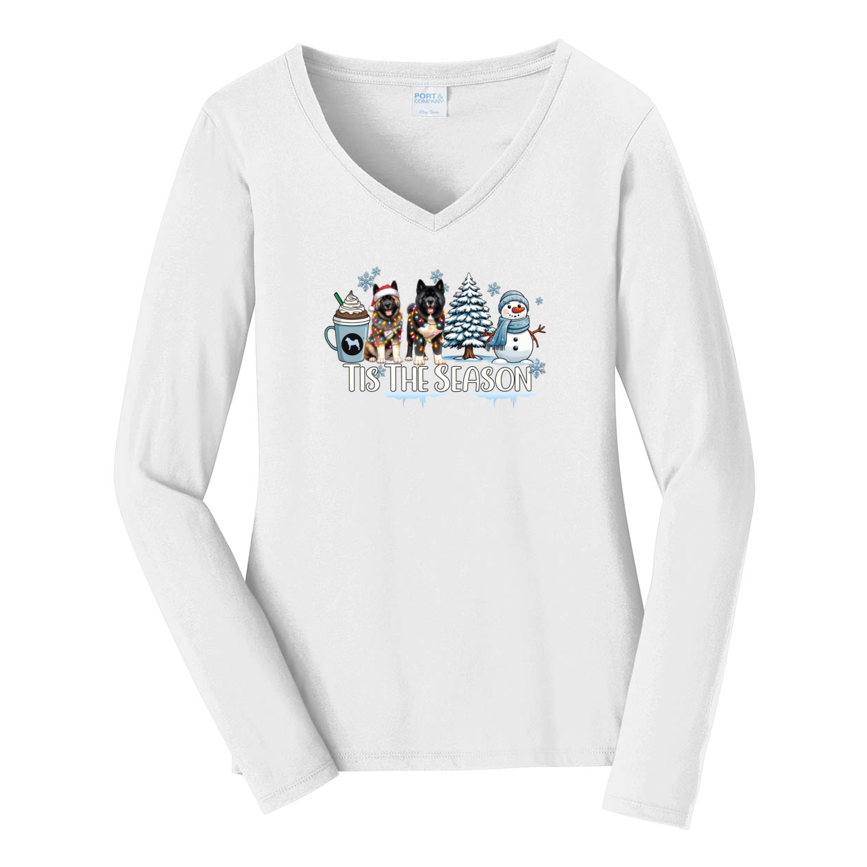 Akita Tis The Season Winter Port & Company® Ladies Long Sleeve Fan Favorite™ V-Neck Tee LPC450VLS - WagALotBowWow