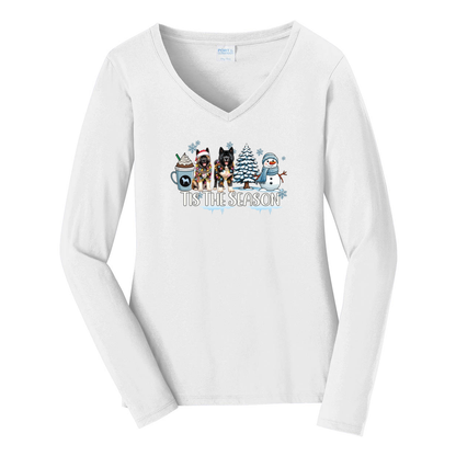 Akita Tis The Season Winter Port & Company® Ladies Long Sleeve Fan Favorite™ V-Neck Tee LPC450VLS - WagALotBowWow