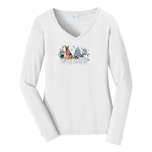 GSD Tis The Season Winter Port & Company® Ladies Long Sleeve Fan Favorite™ V-Neck Tee LPC450VLS - WagALotBowWow