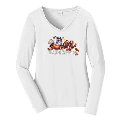 Blue Merle Australian Shepherd Tis The Season Fall V-Neck Long Sleeve - WagALotBowWow