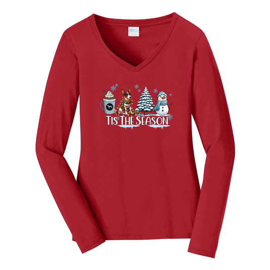 Rat Terrier Tis The Season Winter Port & Company® Ladies Long Sleeve Fan Favorite™ V-Neck Tee LPC450VLS - WagALotBowWow
