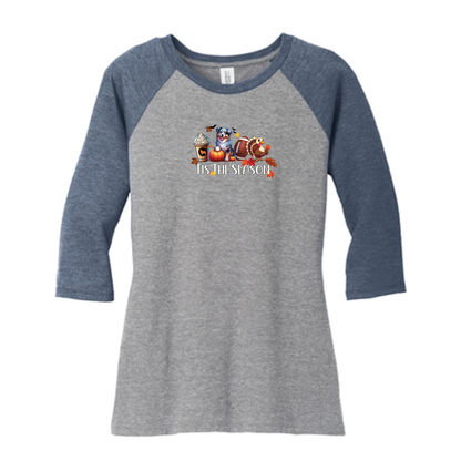 Blue Merle Australian Shepherd Tis The Season Fall 3/4-Sleeve Raglan - WagALotBowWow