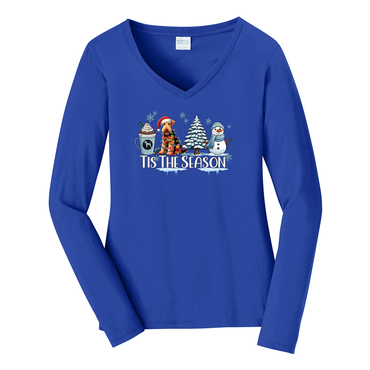 Airedale Terrier Tis The Season Winter Port & Company® Ladies Long Sleeve Fan Favorite™ V-Neck Tee LPC450VLS - WagALotBowWow
